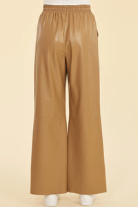 Vegan Leather Wide Leg Drawstring Pants Brown