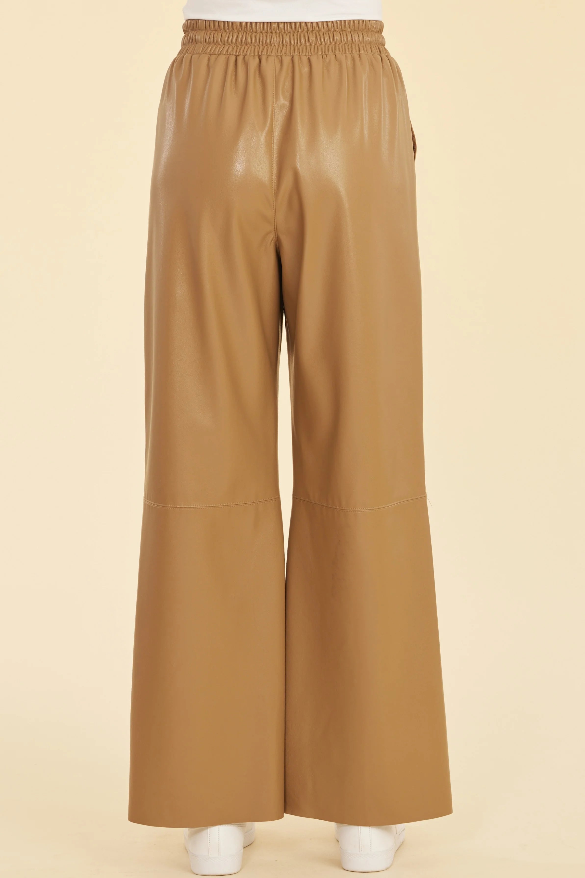 Vegan Leather Wide Leg Drawstring Pants Brown