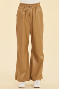 Vegan Leather Wide Leg Drawstring Pants Brown