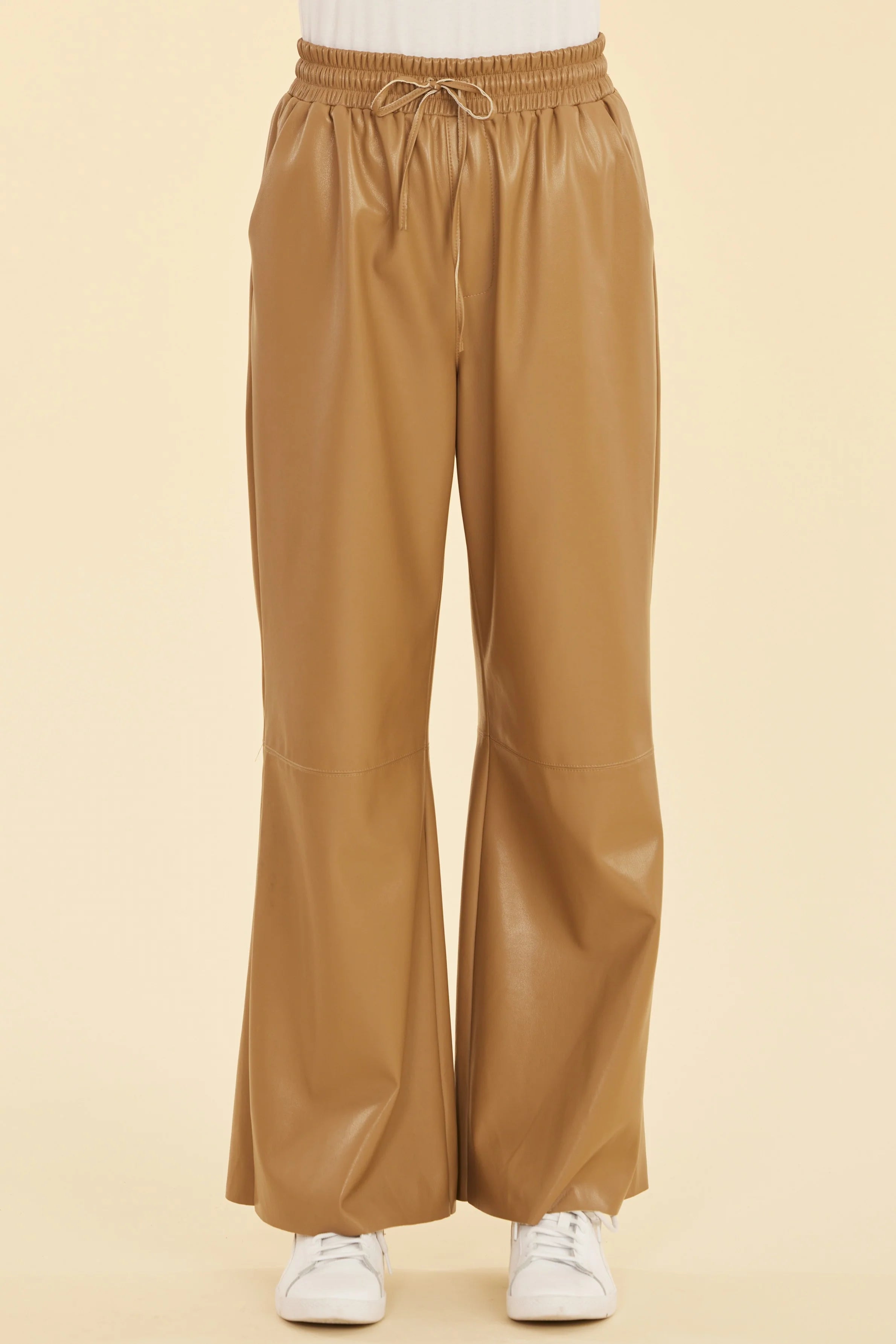 Vegan Leather Wide Leg Drawstring Pants Brown