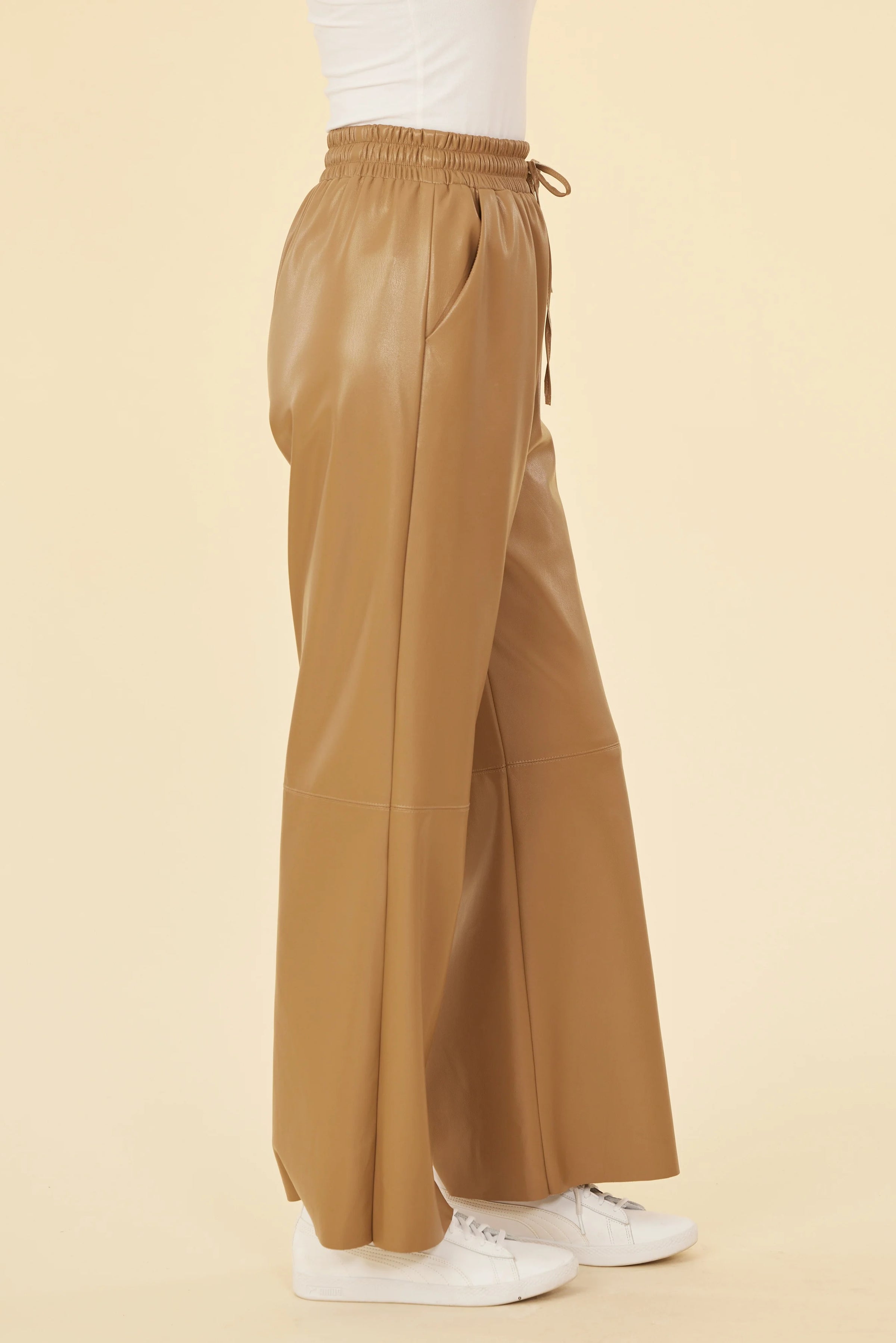 Vegan Leather Wide Leg Drawstring Pants Brown