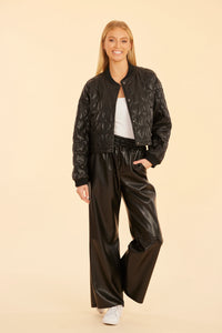 Vegan Leather Wide Leg Drawstring Pants Black