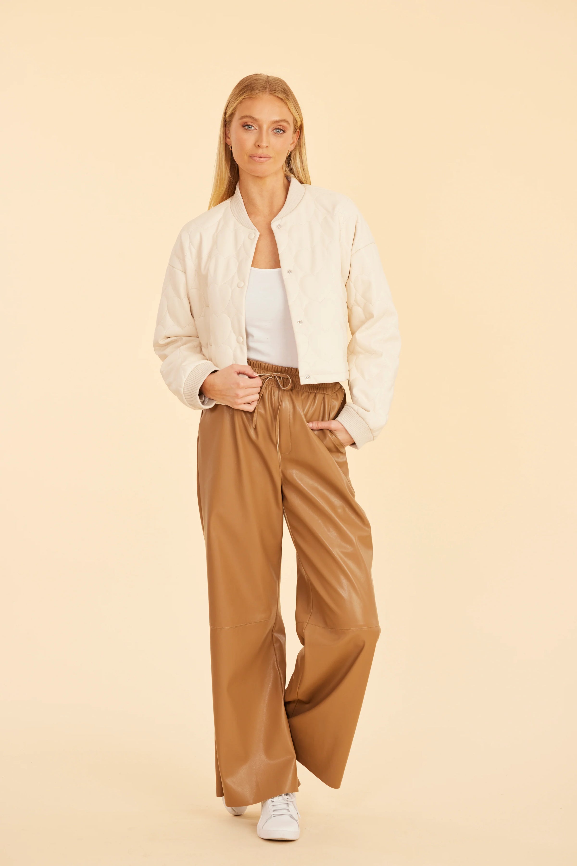 Vegan Leather Wide Leg Drawstring Pants Brown