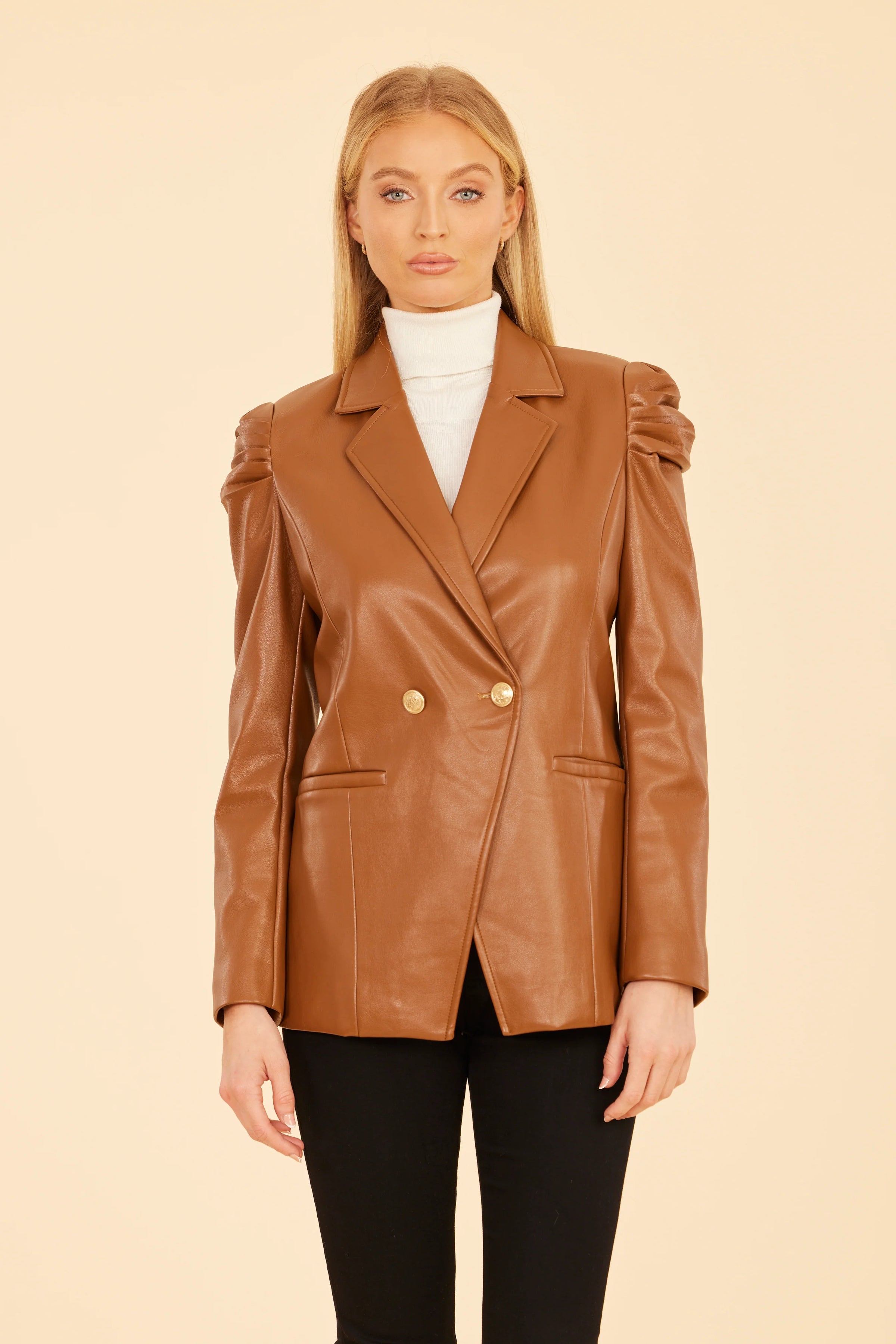 Vegan Leather Ruched Shoulder Blazer