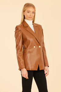 Vegan Leather Ruched Shoulder Blazer