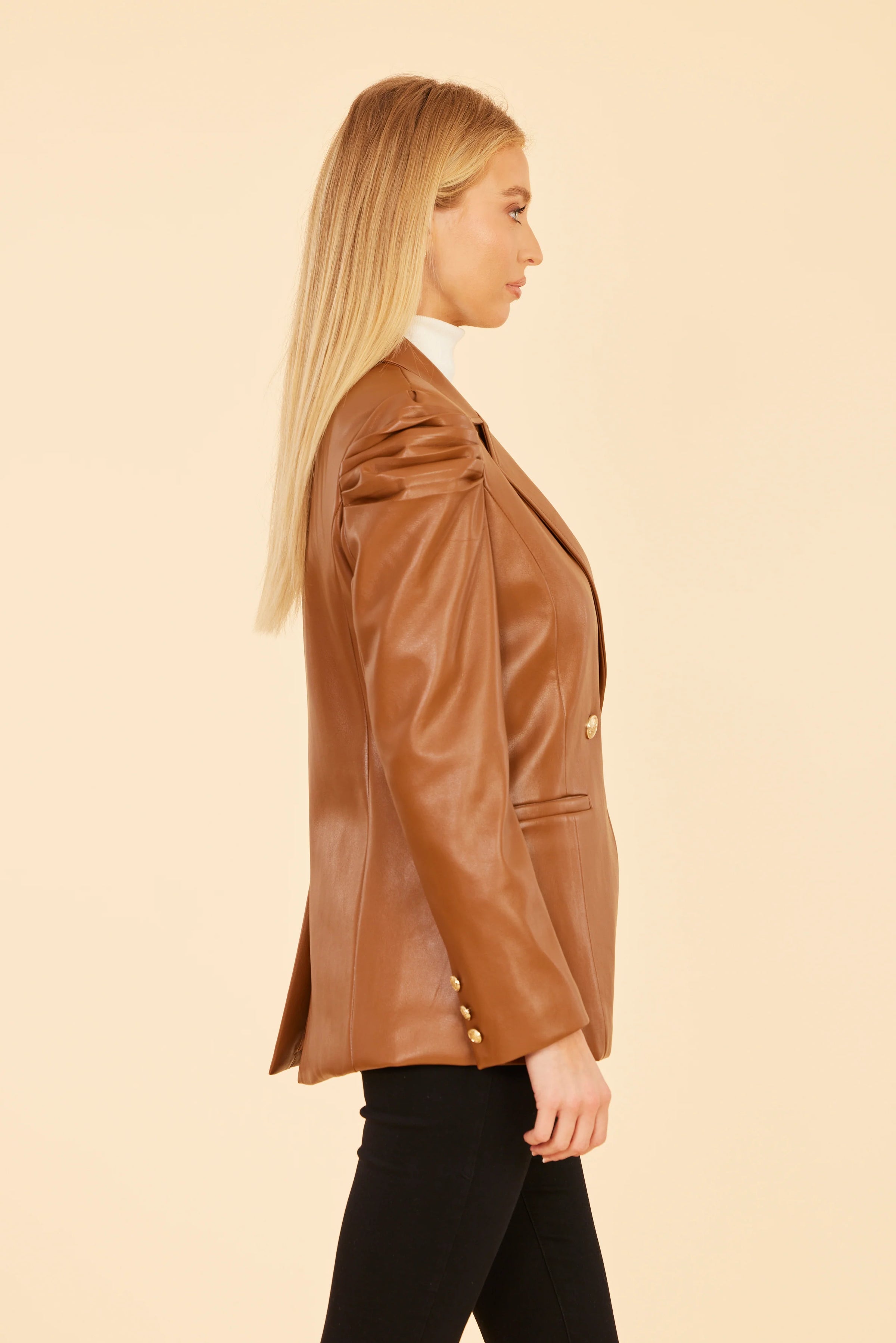 Vegan Leather Ruched Shoulder Blazer