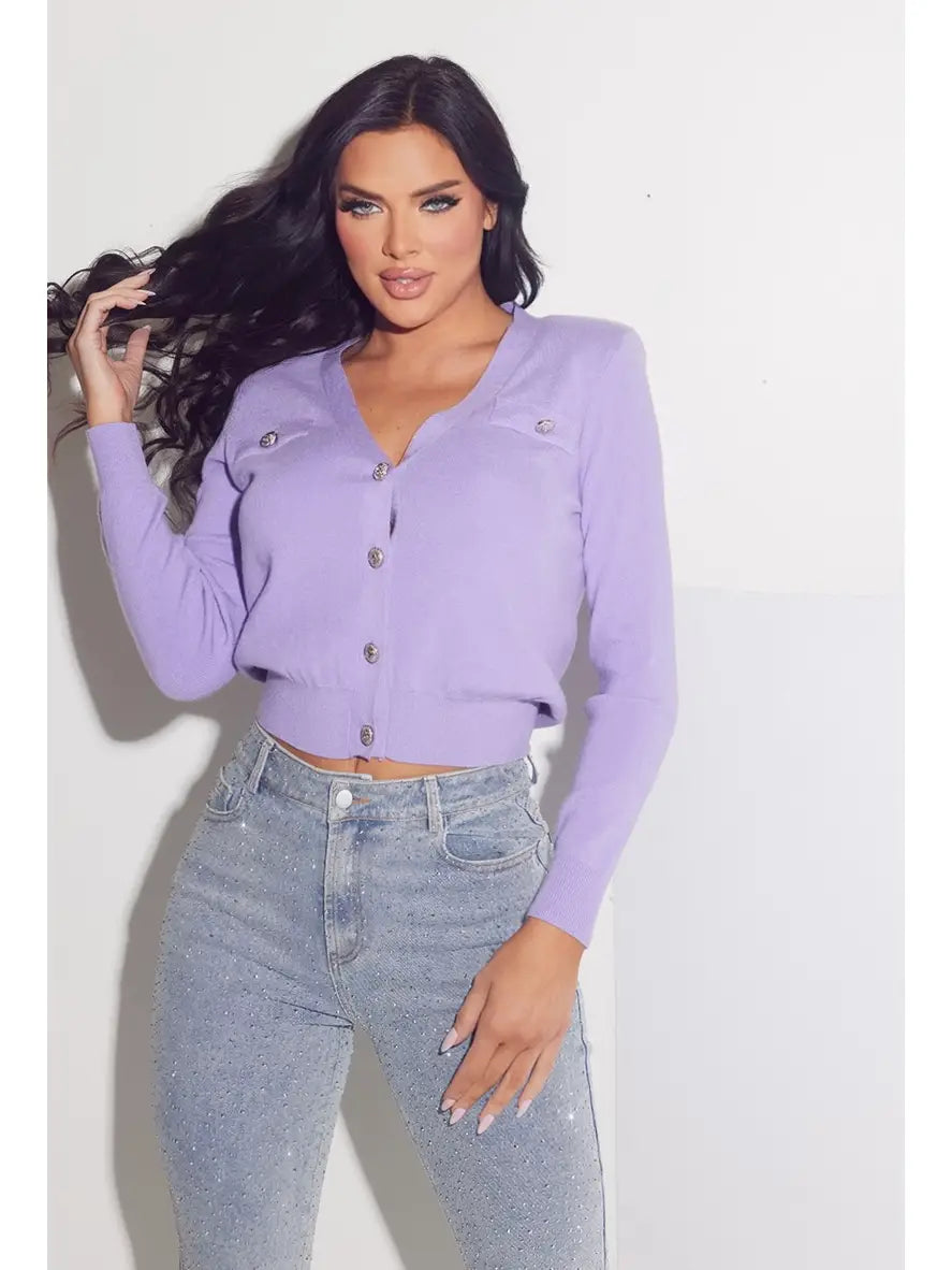 Lavender Button-Up Knit Cardigan with Crystal Accent Buttons