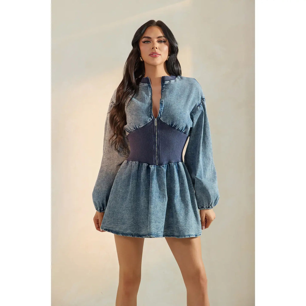 Denim Zip-Front Mini Dress with Corset Waist Detail – Amanda Jean NYC