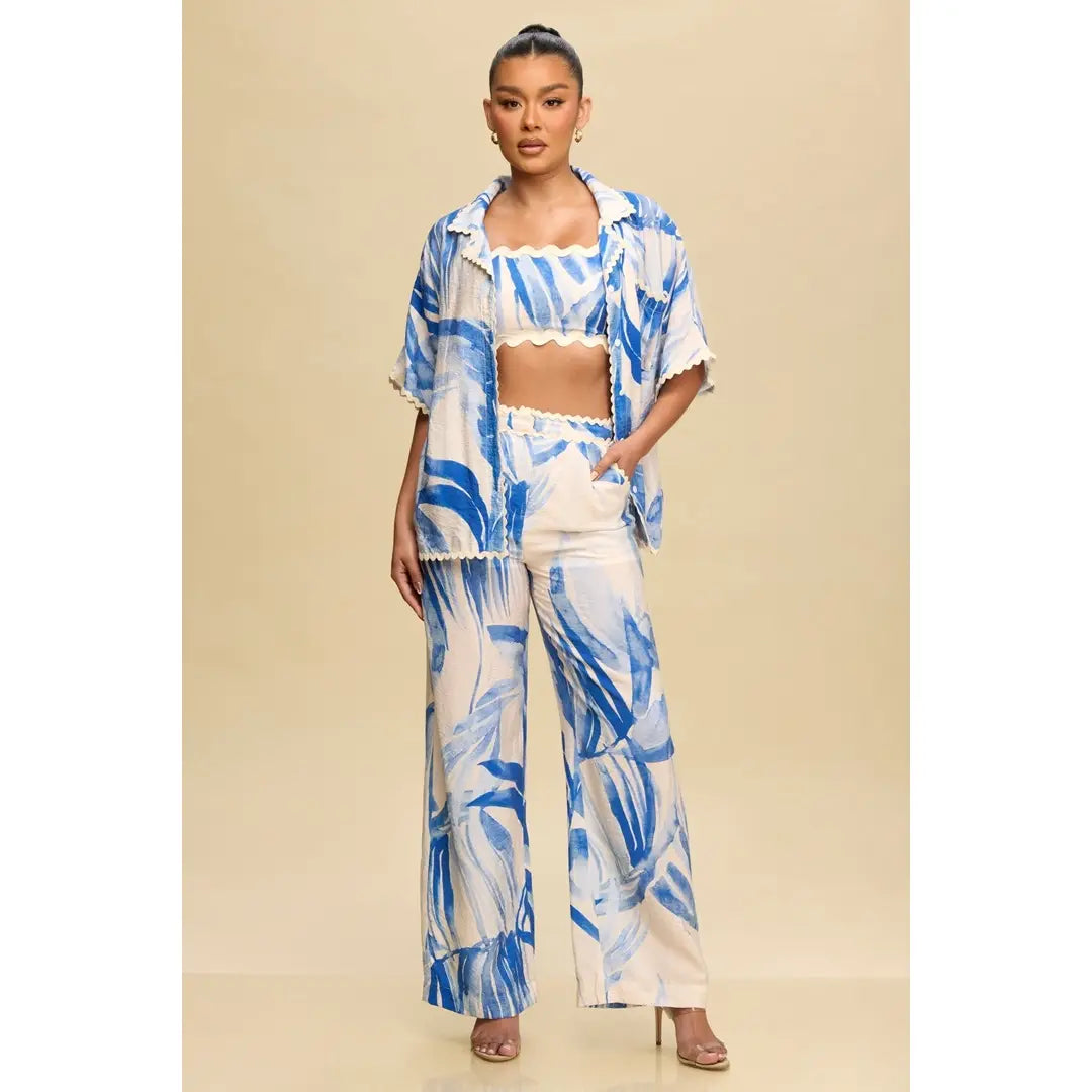 Blue Brushstroke 3-Piece Linen Set with Scalloped Trim
