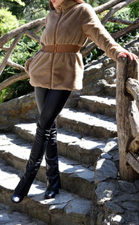 Camel Vegan Fur Belted Zip Coat