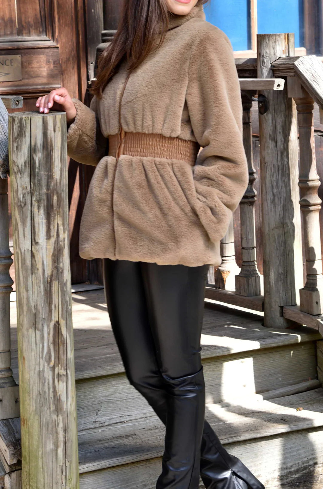 Camel Vegan Fur Belted Zip Coat