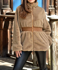 Camel Vegan Fur Belted Zip Coat