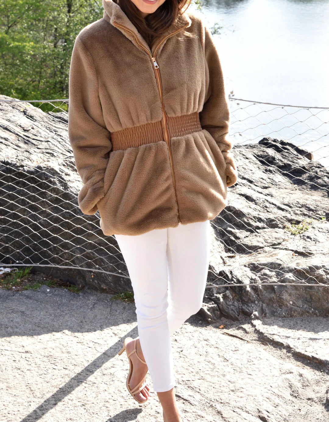 Camel Vegan Fur Belted Zip Coat