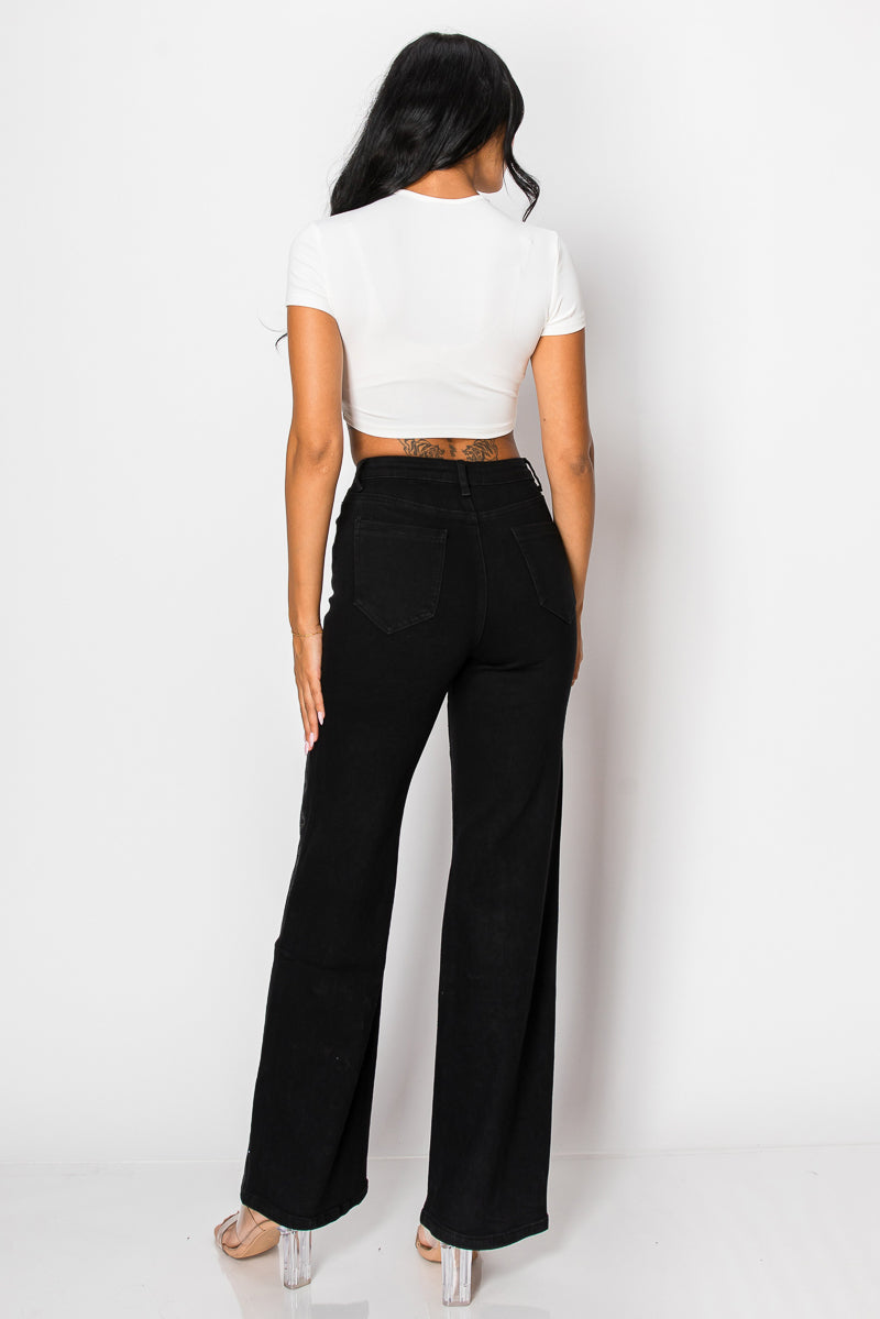 Wide-Leg Denim Jeans with Silver Sequin Geometric Pattern Black