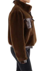 Brown Vegan Fur Cropped Jacket with Croc-Embossed Trim