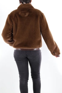 Brown Vegan Fur Cropped Jacket with Croc-Embossed Trim