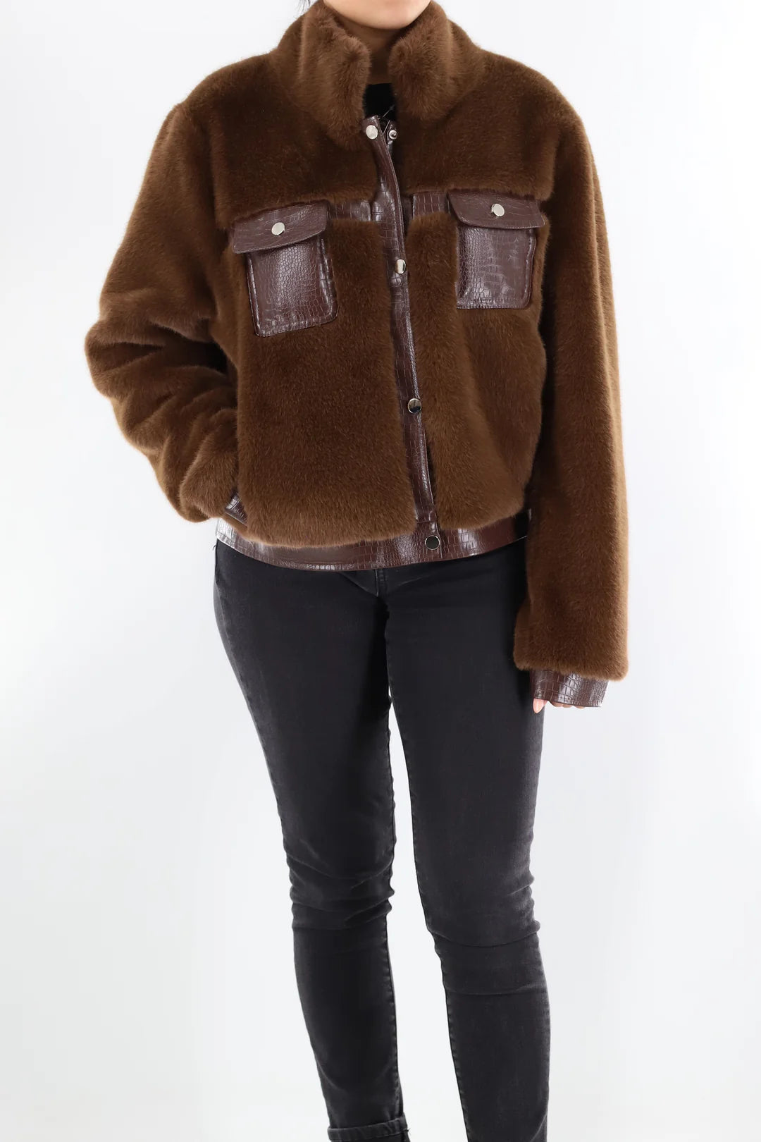 Brown Vegan Fur Cropped Jacket with Croc-Embossed Trim