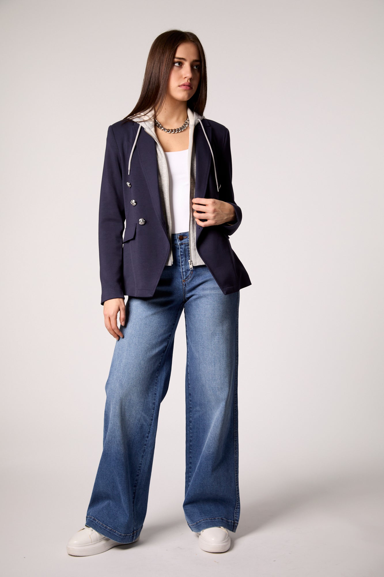 Blue Double-Breasted Blazer with Removable Gray Hoodie Insert