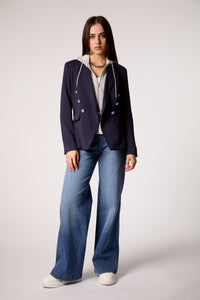 Blue Double-Breasted Blazer with Removable Gray Hoodie Insert