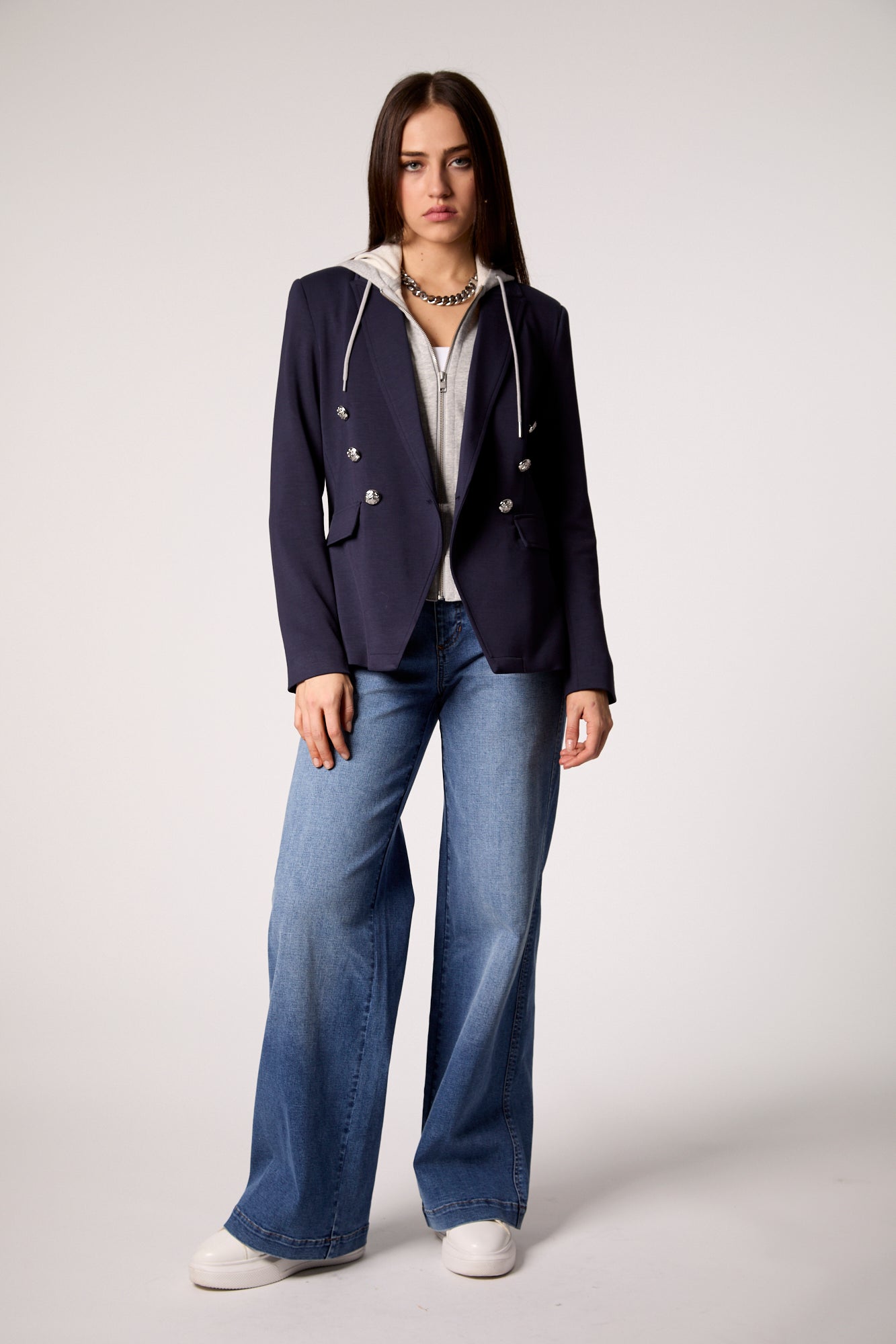 Blue Double-Breasted Blazer with Removable Gray Hoodie Insert