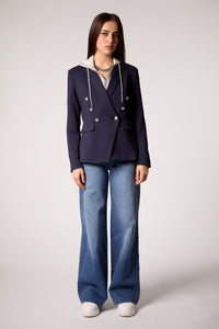 Blue Double-Breasted Blazer with Removable Gray Hoodie Insert