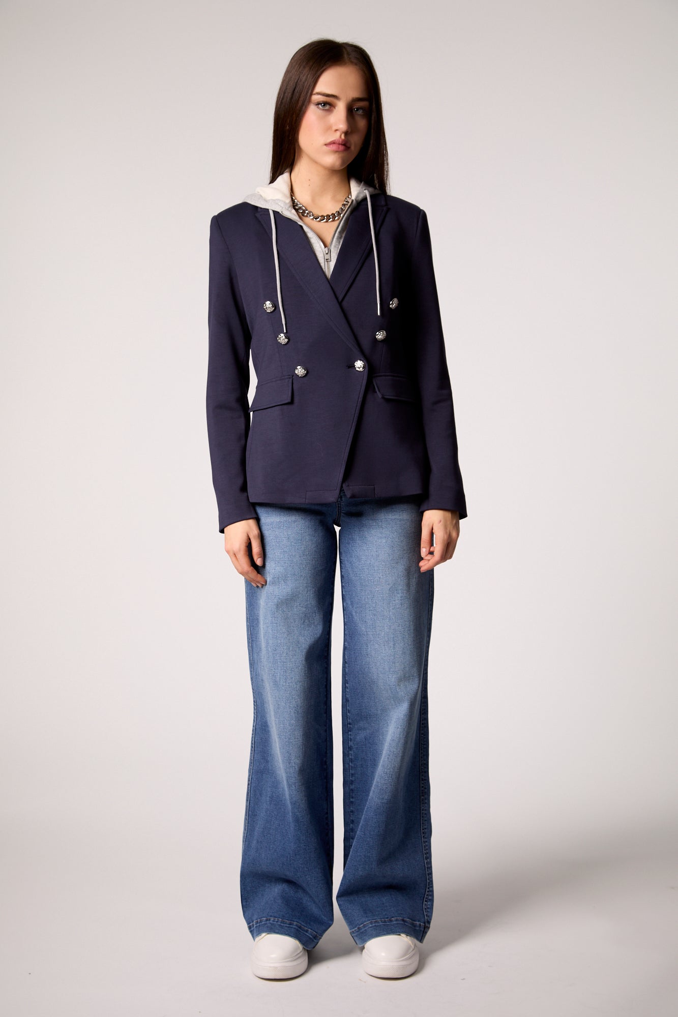 Blue Double-Breasted Blazer with Removable Gray Hoodie Insert