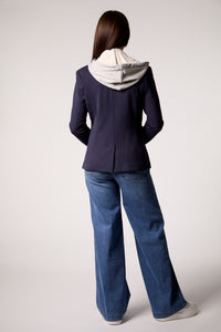 Blue Double-Breasted Blazer with Removable Gray Hoodie Insert