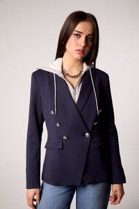 Blue Double-Breasted Blazer with Removable Gray Hoodie Insert