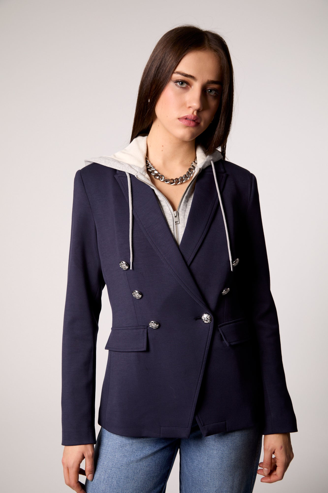 Blue Double-Breasted Blazer with Removable Gray Hoodie Insert
