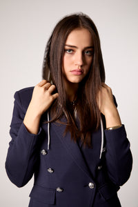Blue Double-Breasted Blazer with Removable Gray Hoodie Insert