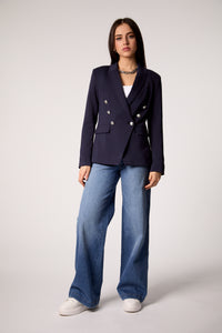 Blue Double-Breasted Blazer with Removable Gray Hoodie Insert