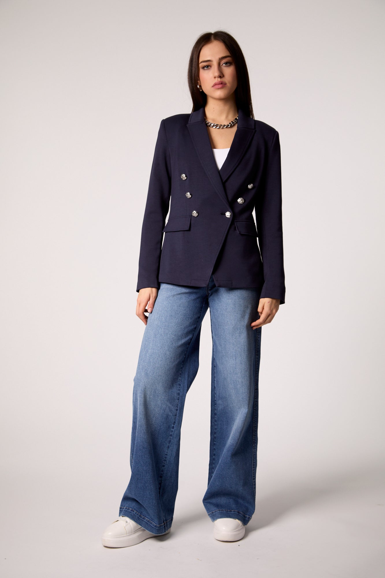 Blue Double-Breasted Blazer with Removable Gray Hoodie Insert
