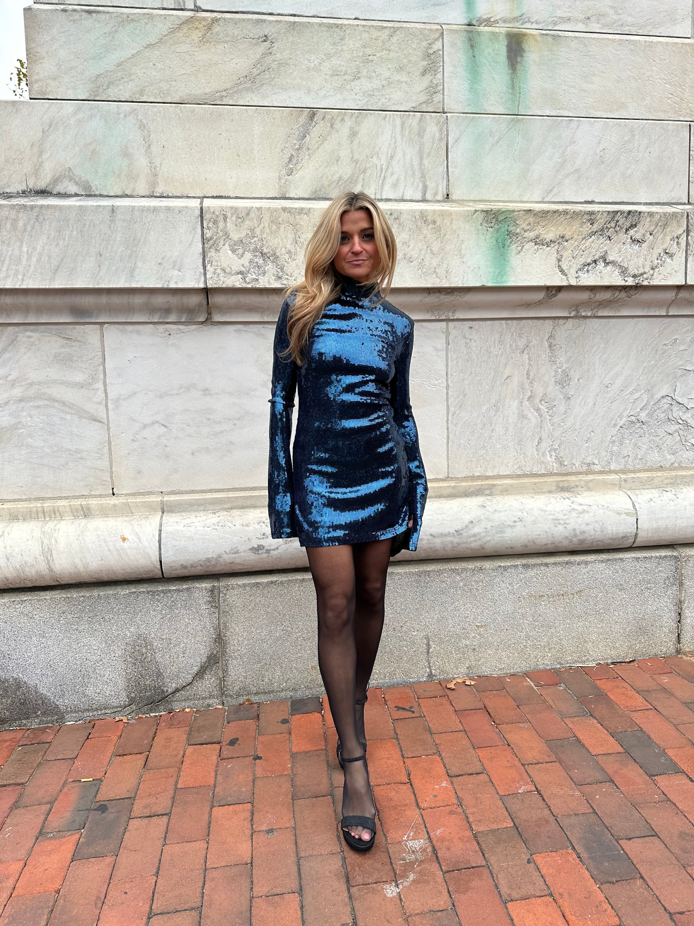 POLO NECK LONG SLEEVE SEQUINED MINI DRESS