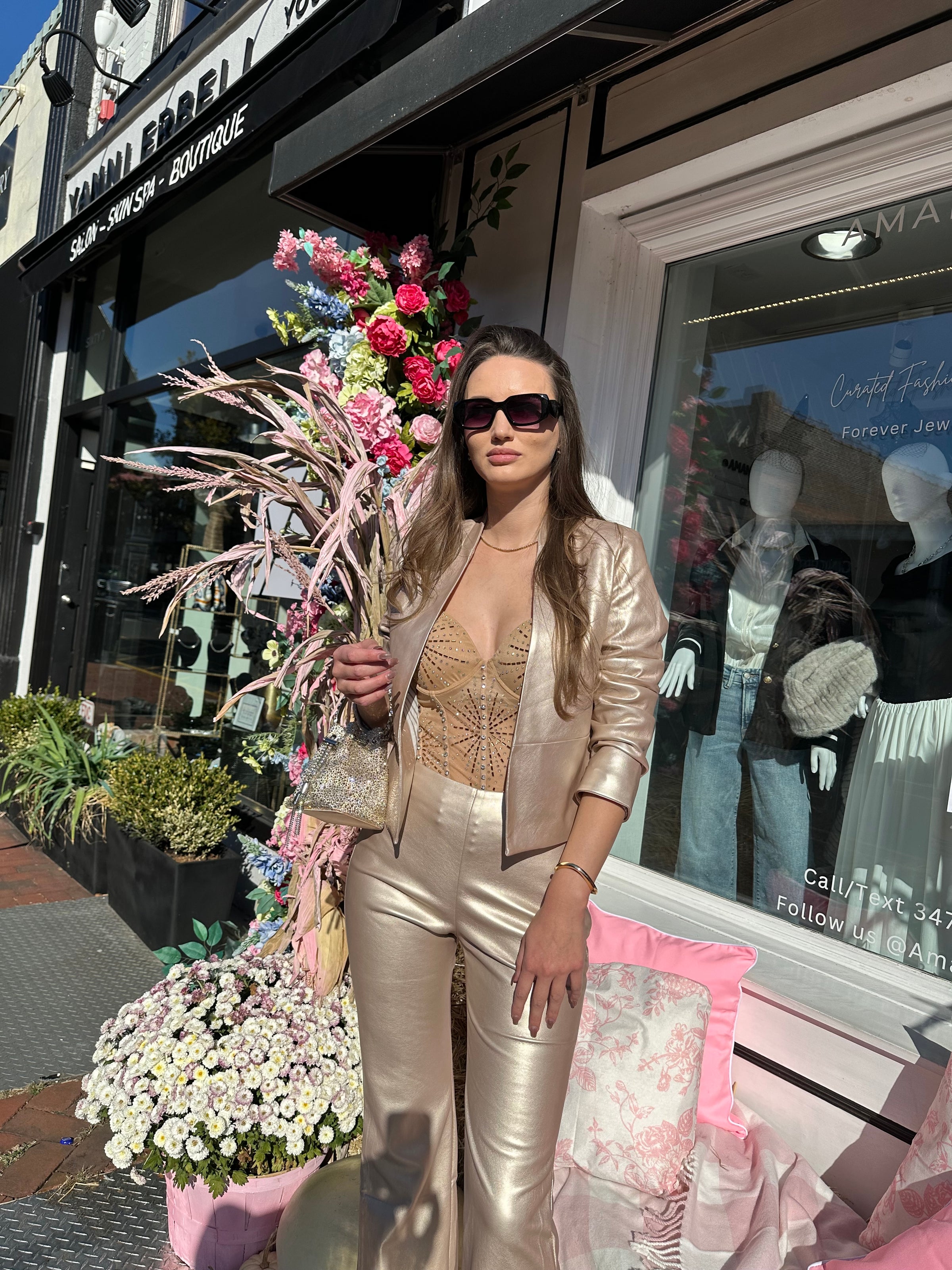 Metallic Open-Front Vegan Leather Blazer
