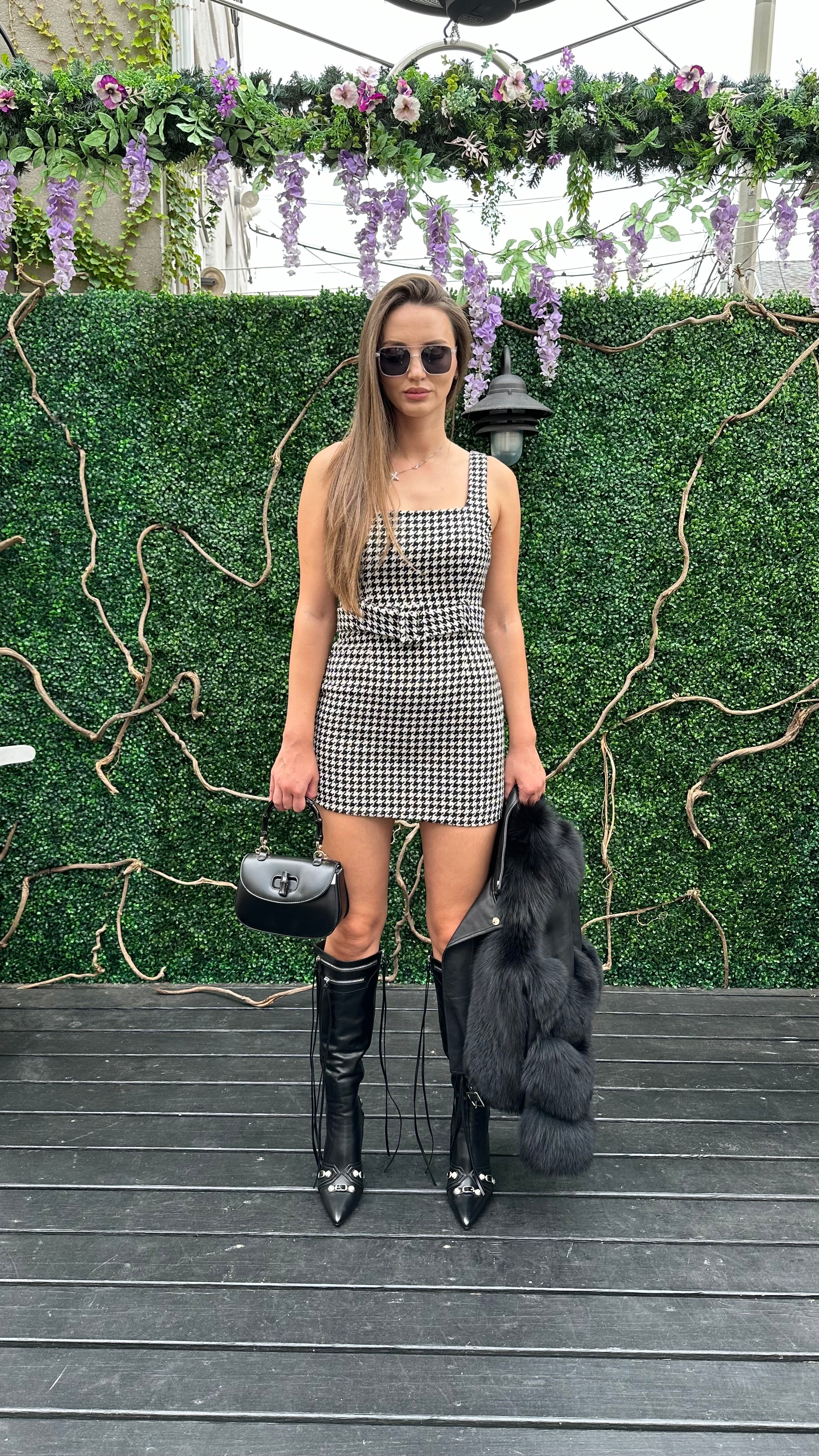 HOUNDSTOOTH BELTED BODYCON MINI DRESS