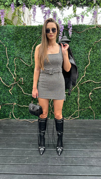 HOUNDSTOOTH BELTED BODYCON MINI DRESS