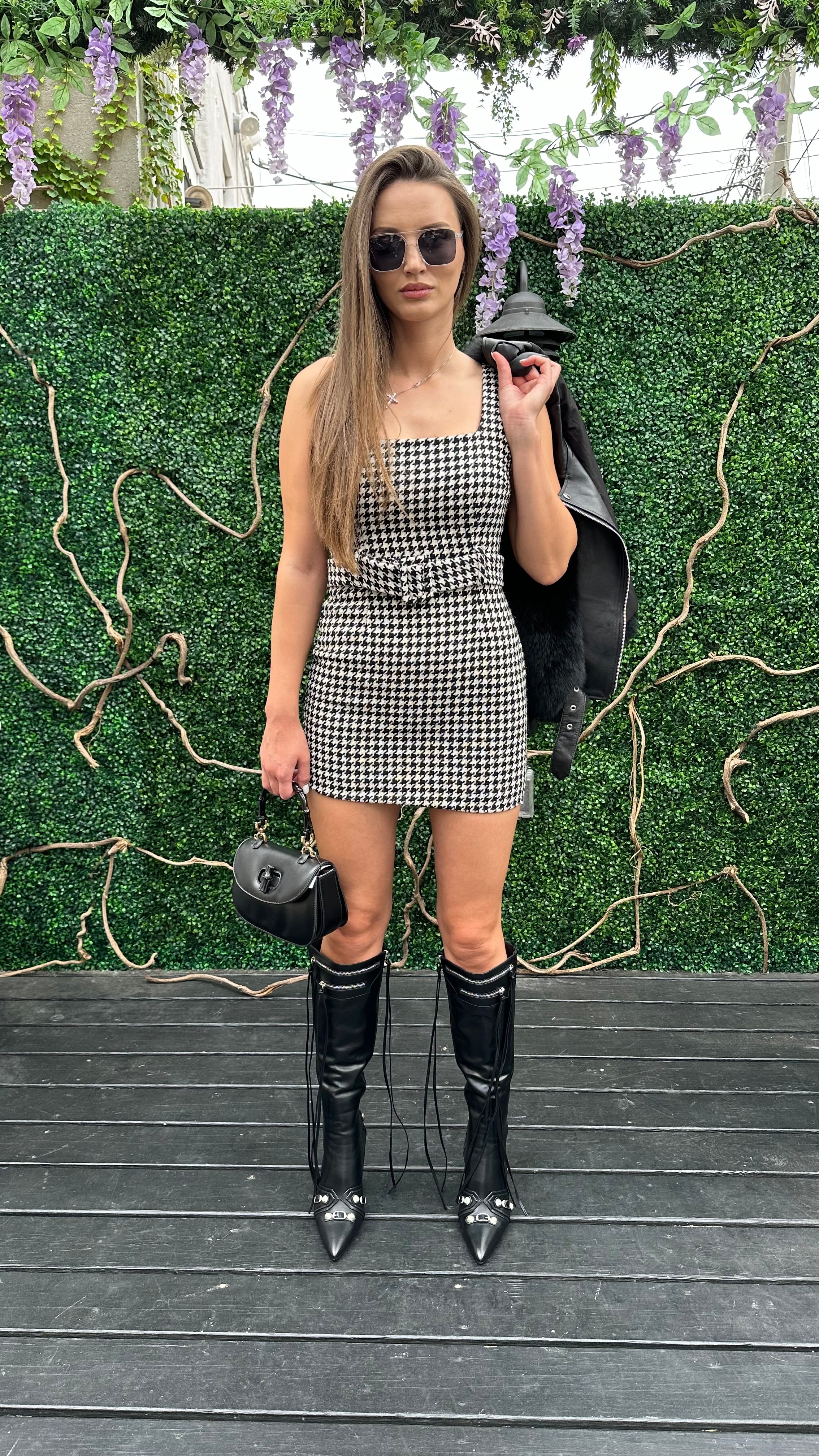 HOUNDSTOOTH BELTED BODYCON MINI DRESS