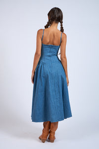 DENIM UNDERWIRE SLEEVELESS FIT AND FLARE MIDI DRESS