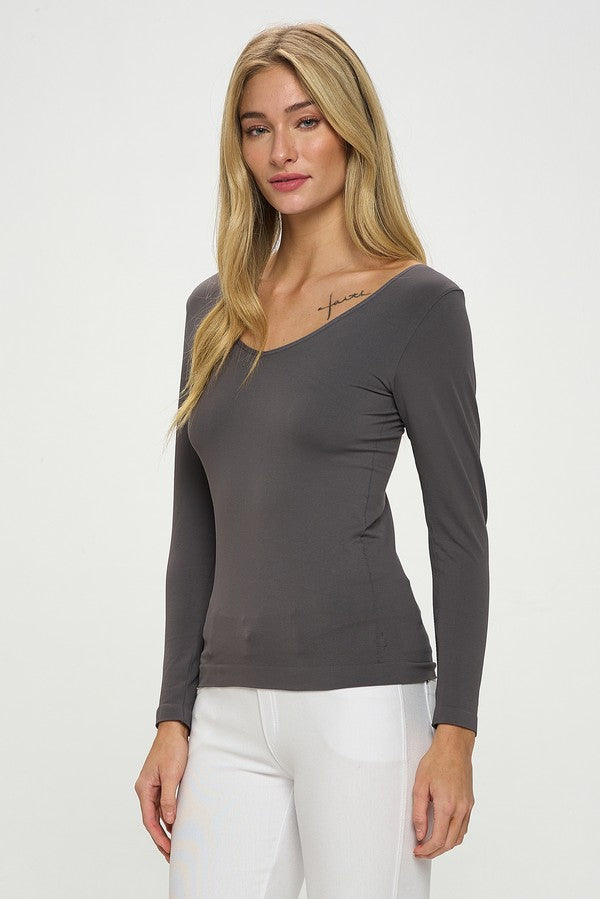 Seamless Reversible V-Neck Long Sleeve Top Black