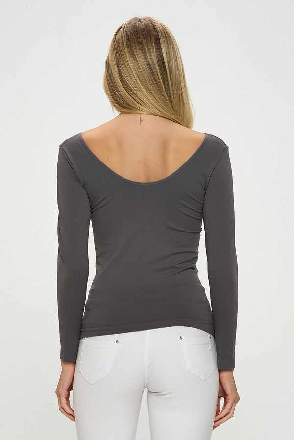 Seamless Reversible V-Neck Long Sleeve Top Black