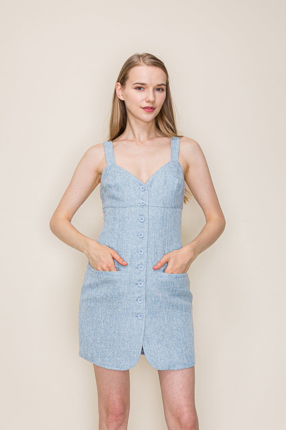 Button-Front Tweed Mini Dress in Light Blue – Amanda Jean NYC