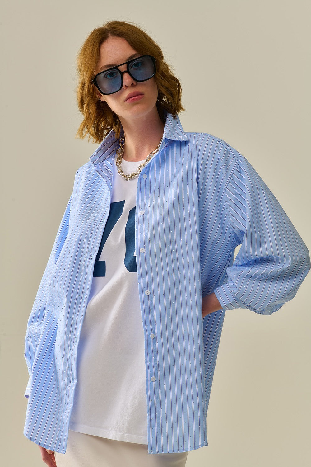 Blue Striped Oversized Button-Up Shirt