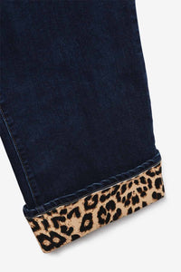 Blue Straight Pants with Leopard Cuff Detail