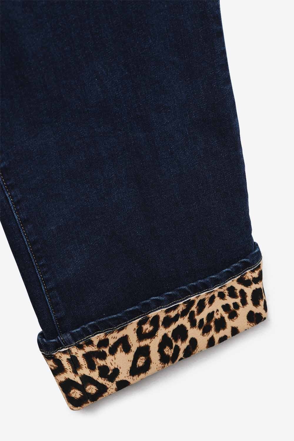 Blue Straight Pants with Leopard Cuff Detail