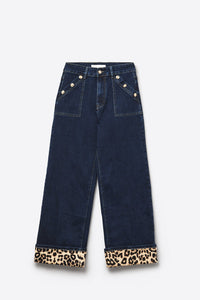 Blue Straight Pants with Leopard Cuff Detail
