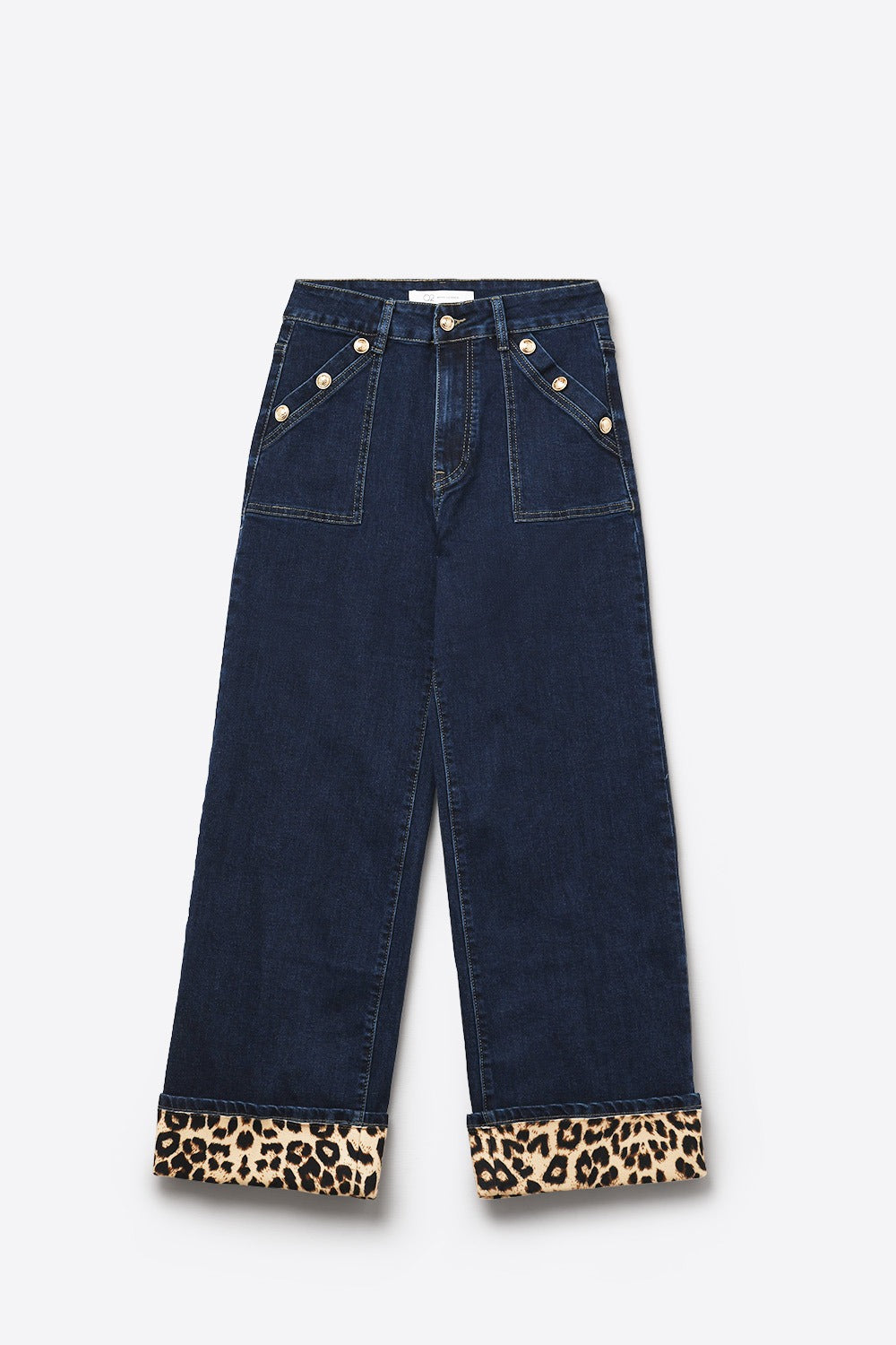 Blue Straight Pants with Leopard Cuff Detail