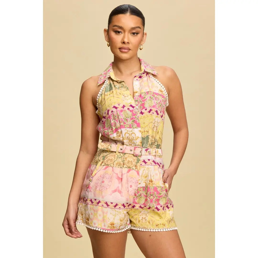 Patchwork Print Halter Belted Romper with Pearl Trim