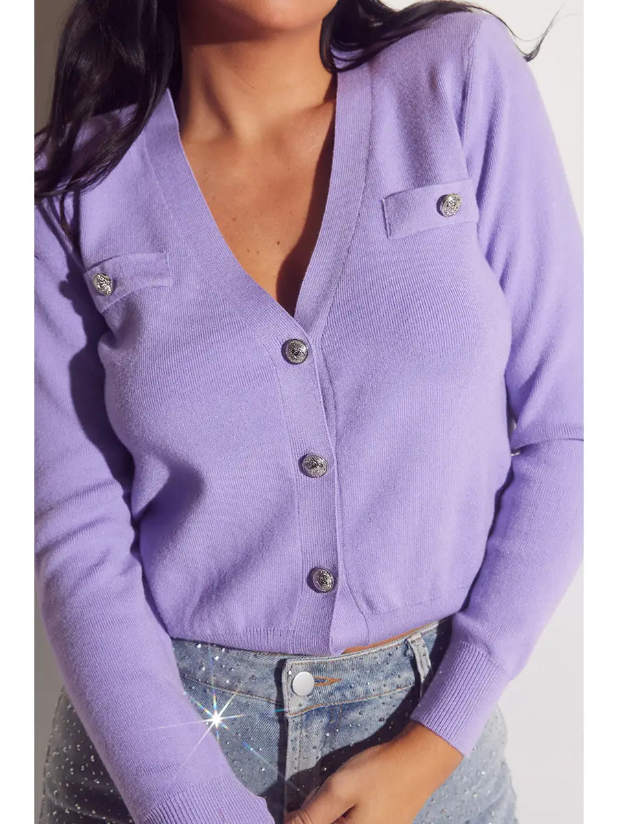 Lavender Button-Up Knit Cardigan with Crystal Accent Buttons