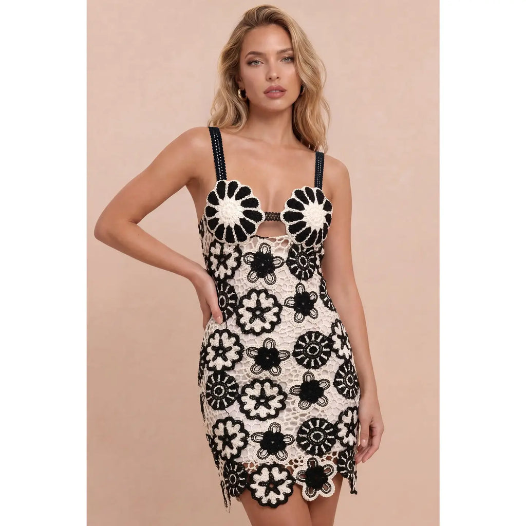Black and White Floral Crochet Cutout Mini Dress – Amanda Jean NYC