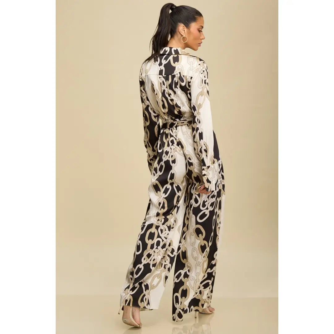 Chain Print Wide-Leg Jumpsuit with Waist Tie